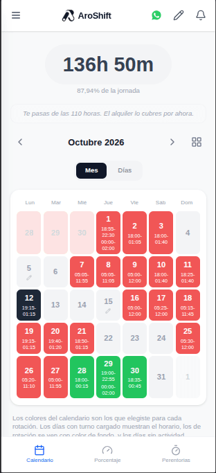Calendario mensual de AroShift con turnos diferenciados por colores y horas de trabajo acumuladas.