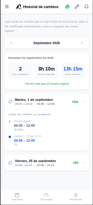 Historial de cambios de horario en AroShift con comparación entre horas originales y actuales.