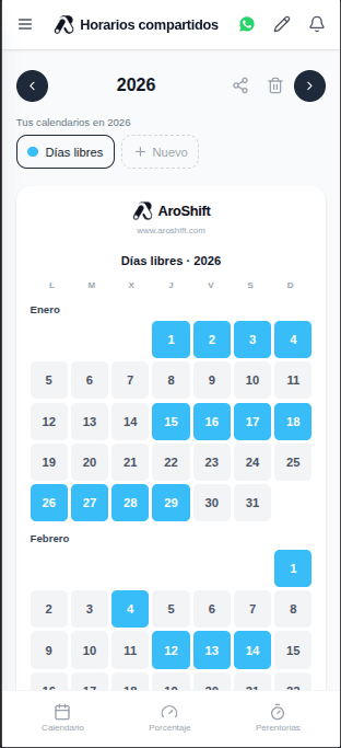Calendario anual de días libres compartido desde AroShift.