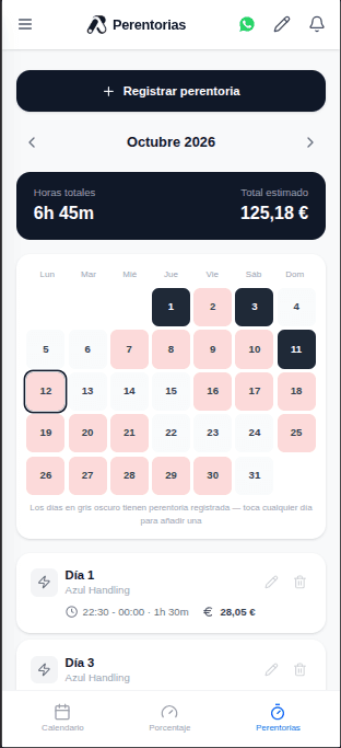Registro de perentorias de AroShift con calendario, horas y estimación económica.