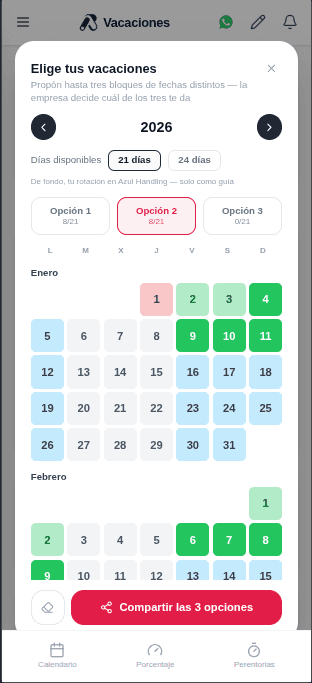 Selector de tres propuestas de vacaciones para compartir desde AroShift.