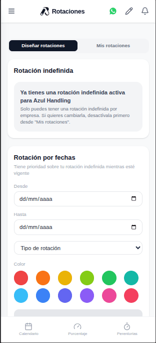 Diseñador de rotaciones de AroShift con fechas, tipo y código de color.
