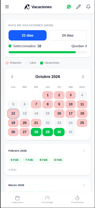 Planificador de vacaciones de AroShift con días disponibles, seleccionados y pendientes.