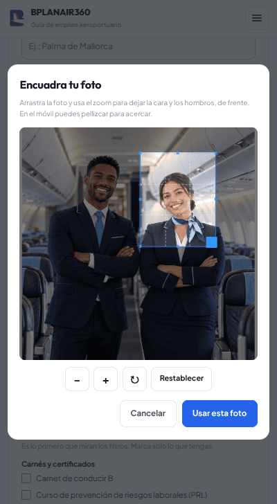 Herramienta de Bplanair360 para encuadrar la fotografía del currículum.