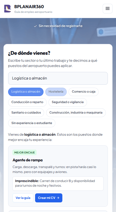 Orientador de Bplanair360 que relaciona la experiencia previa con puestos de trabajo aeroportuarios.