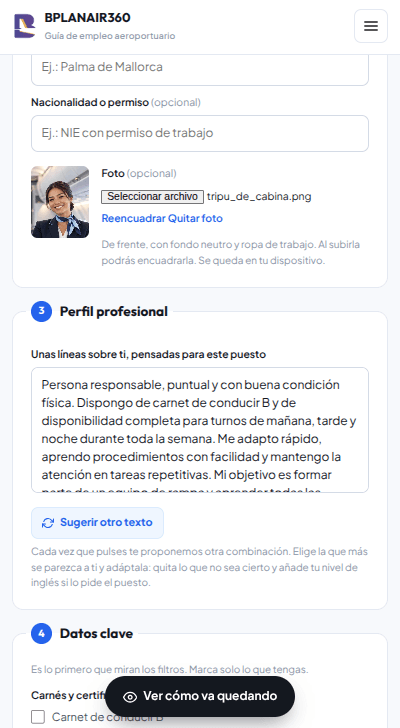 Constructor de currículum de Bplanair360 con perfil profesional y datos clave.