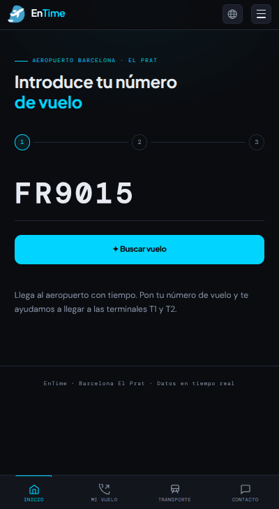 Inicio de EnTime para introducir el número de vuelo.