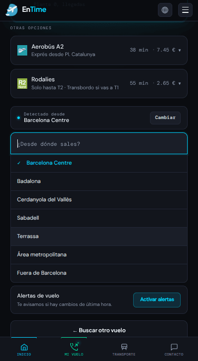 Selector de origen y activación de alertas de vuelo en EnTime.
