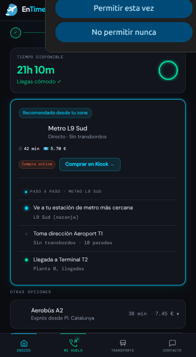 Ruta recomendada por EnTime para llegar al aeropuerto en metro, con duración y pasos.