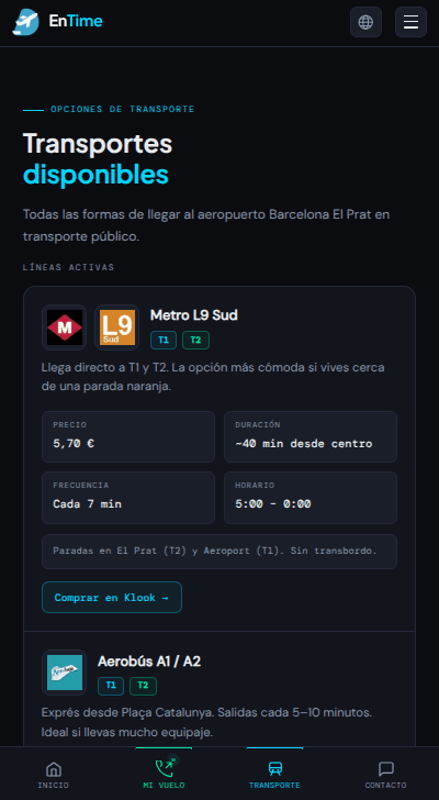 Opciones de transporte de EnTime con precio, duración, frecuencia y terminales.