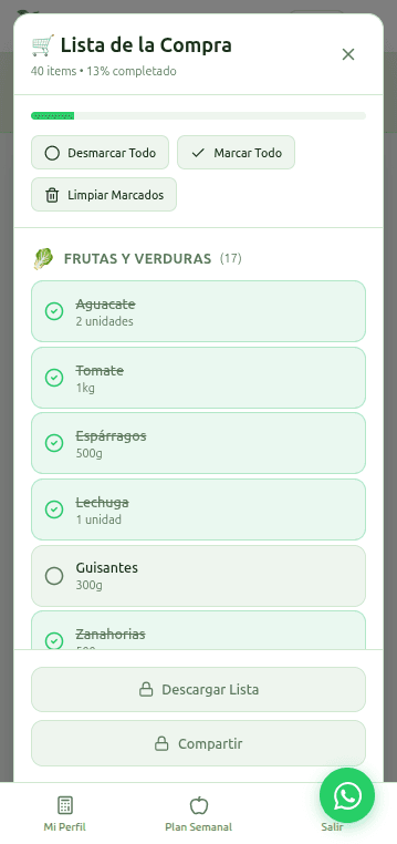 Lista de la compra de NutriPlanLife organizada por familias de alimentos.