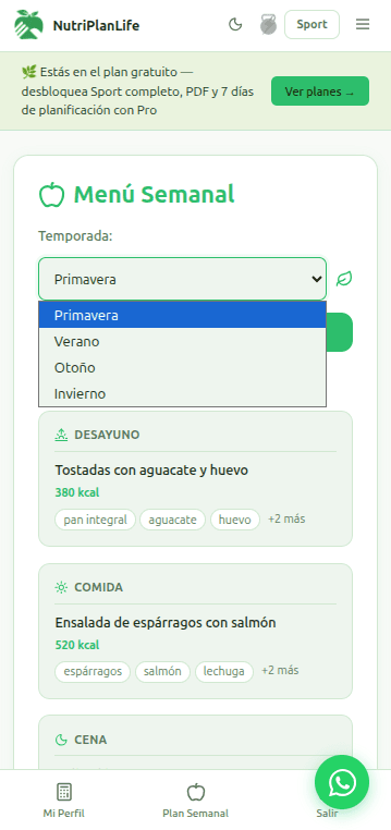 Menú semanal de primavera de NutriPlanLife en modo Natural.