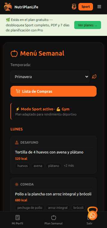 Menú semanal de NutriPlanLife en modo Sport con planificación adaptada al gimnasio.