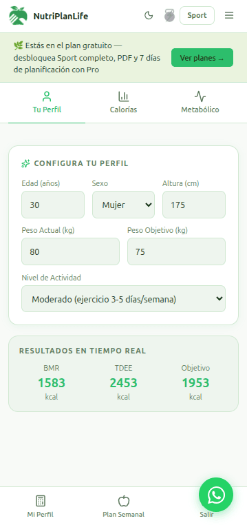 Configuración de perfil de NutriPlanLife con edad, sexo, altura, peso y nivel de actividad.