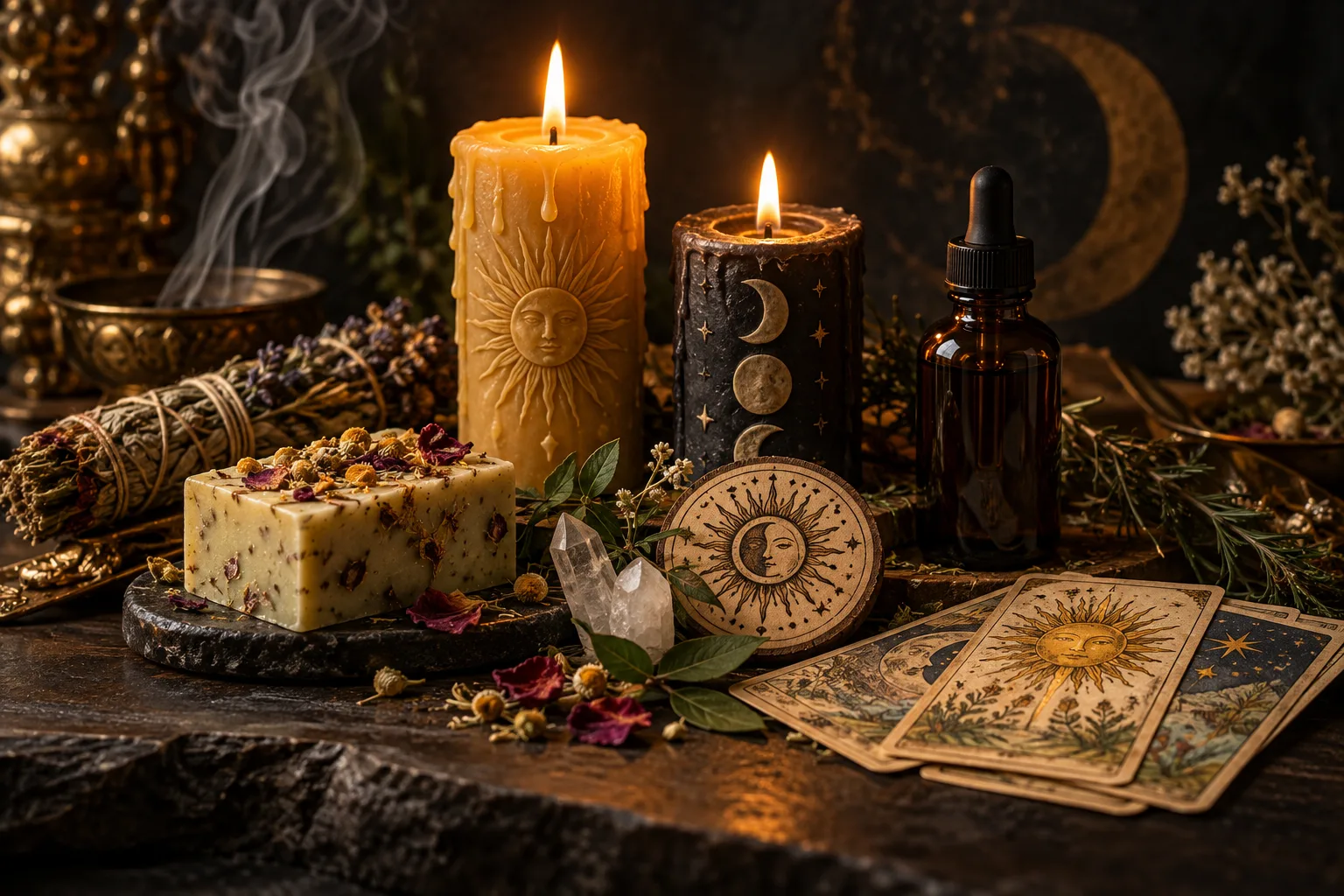 Composición artesanal de SH Esotéricos con velas, jabón botánico, tintura, hierbas y piezas simbólicas.