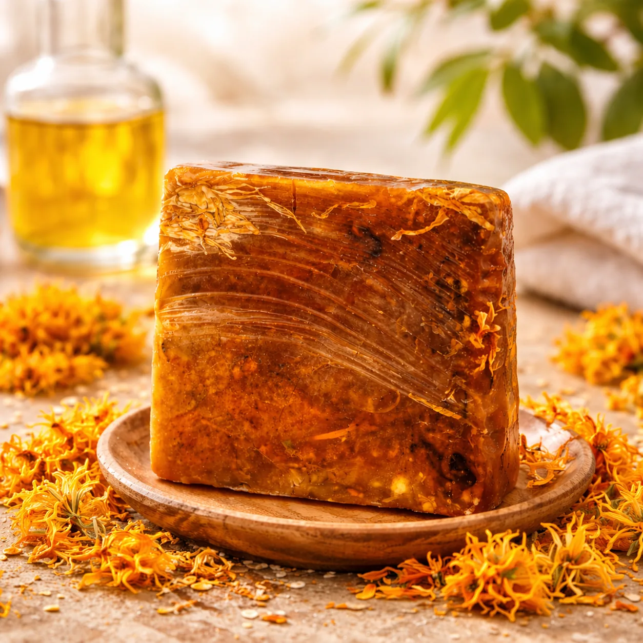Jabón artesanal de caléndula presentado entre flores y aceite botánico.