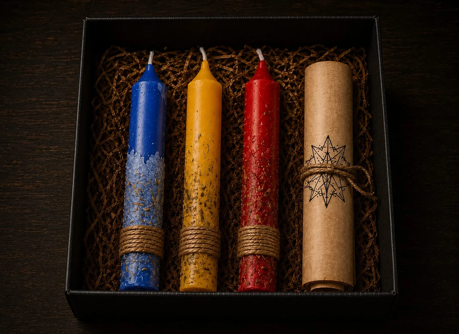 Kit artesanal de velas rituales presentado en una caja oscura.