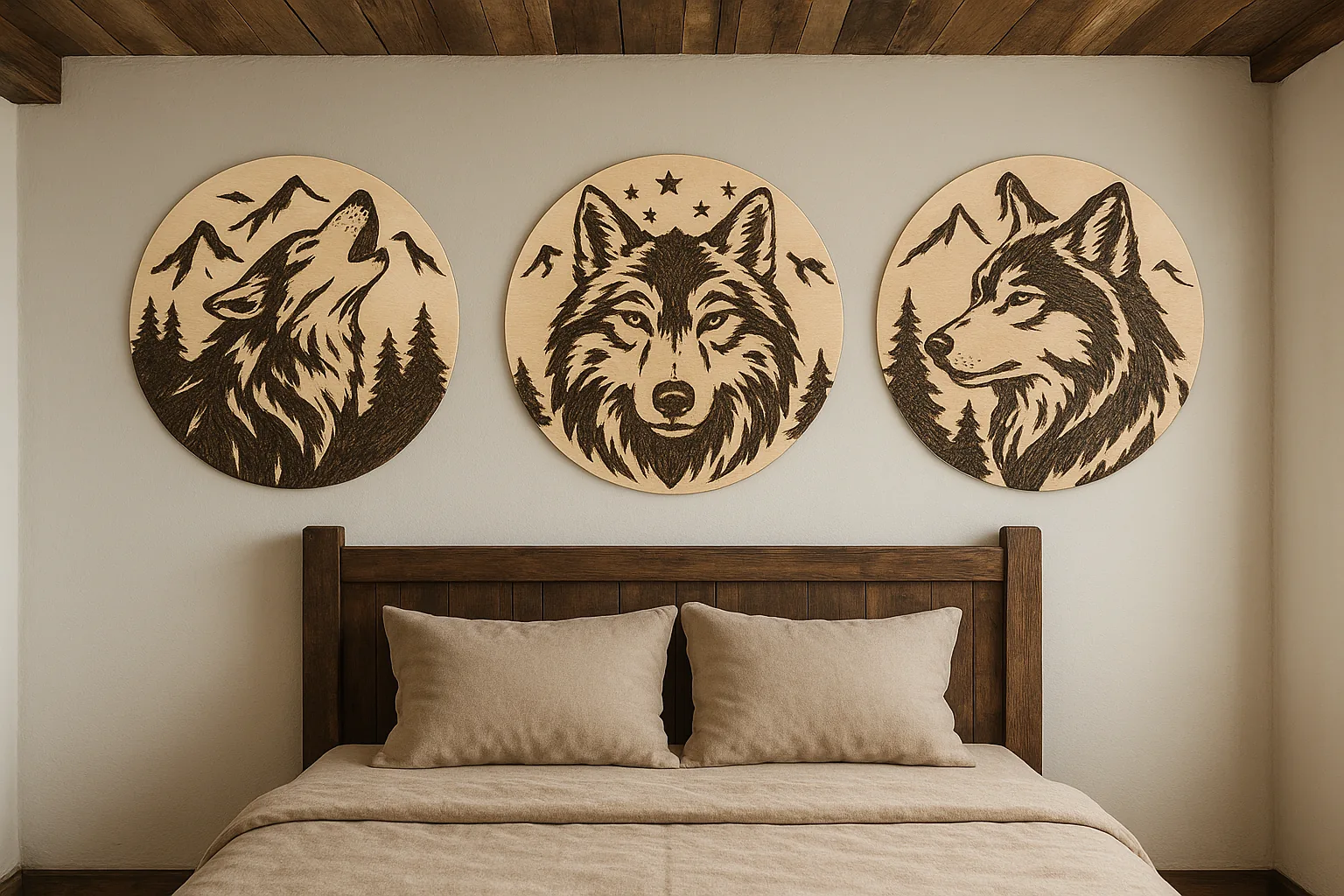 Colección de tres pirograbados artesanales de lobos expuestos sobre una pared.