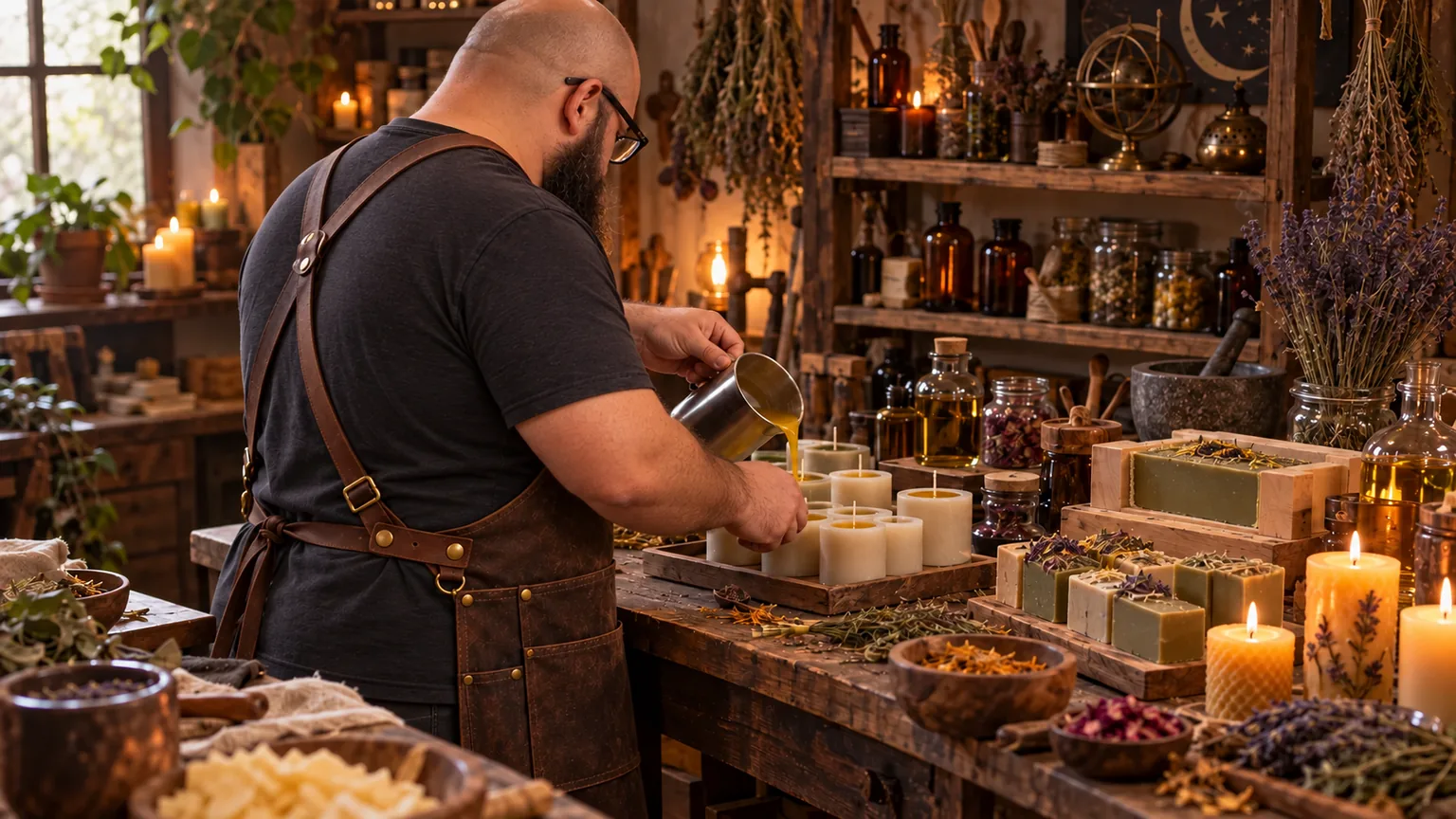 Manu trabajando en su taller entre velas, jabones, hierbas y utensilios artesanales.
